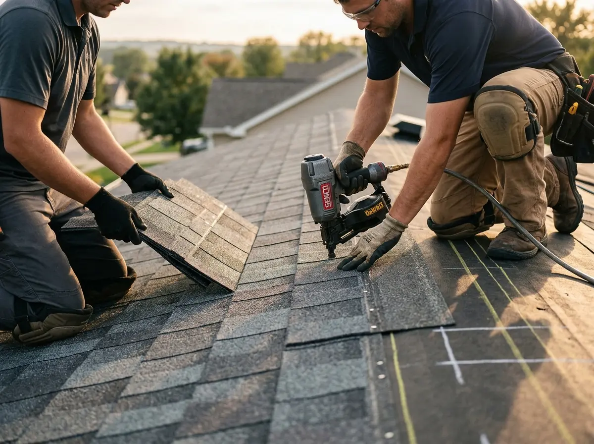 Professional roofer working on a residential roof in Eldridge